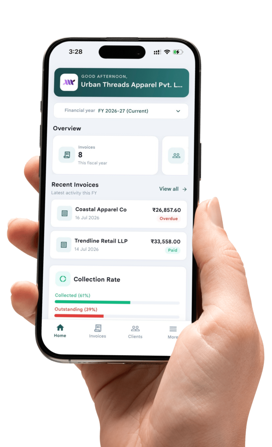 One Stop Invoice mobile app showing GST invoices, clients, and collection rate