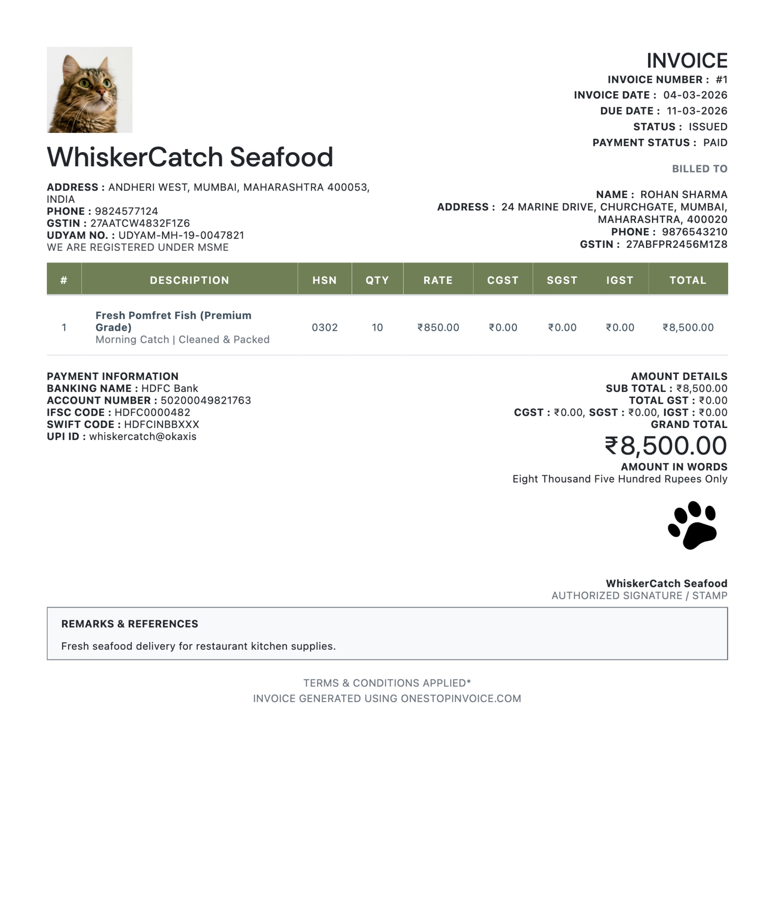GST invoice generated in One Stop Invoice: HSN line items, tax columns, bank details, and amount in words