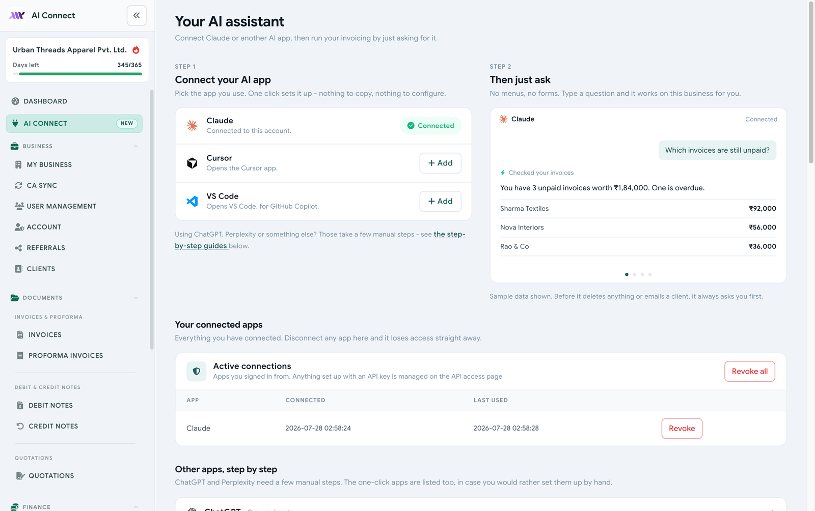 AI Connect setup with Claude connected and sample unpaid invoice query