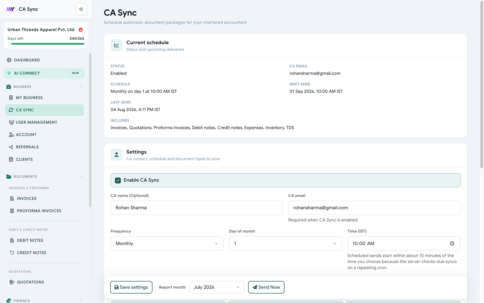 CA Sync settings with CA email and monthly schedule