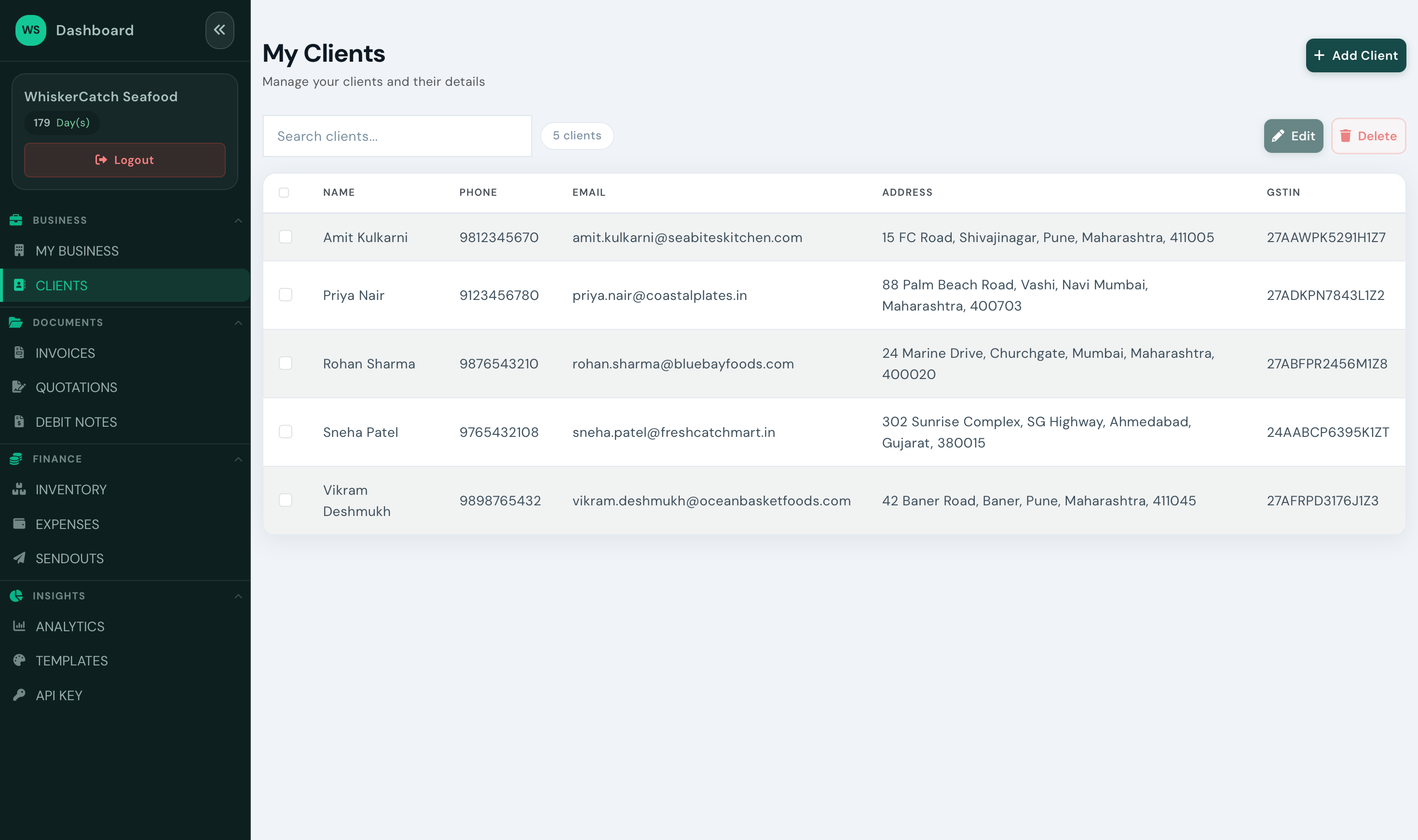 Client management list with contact and GSTIN details