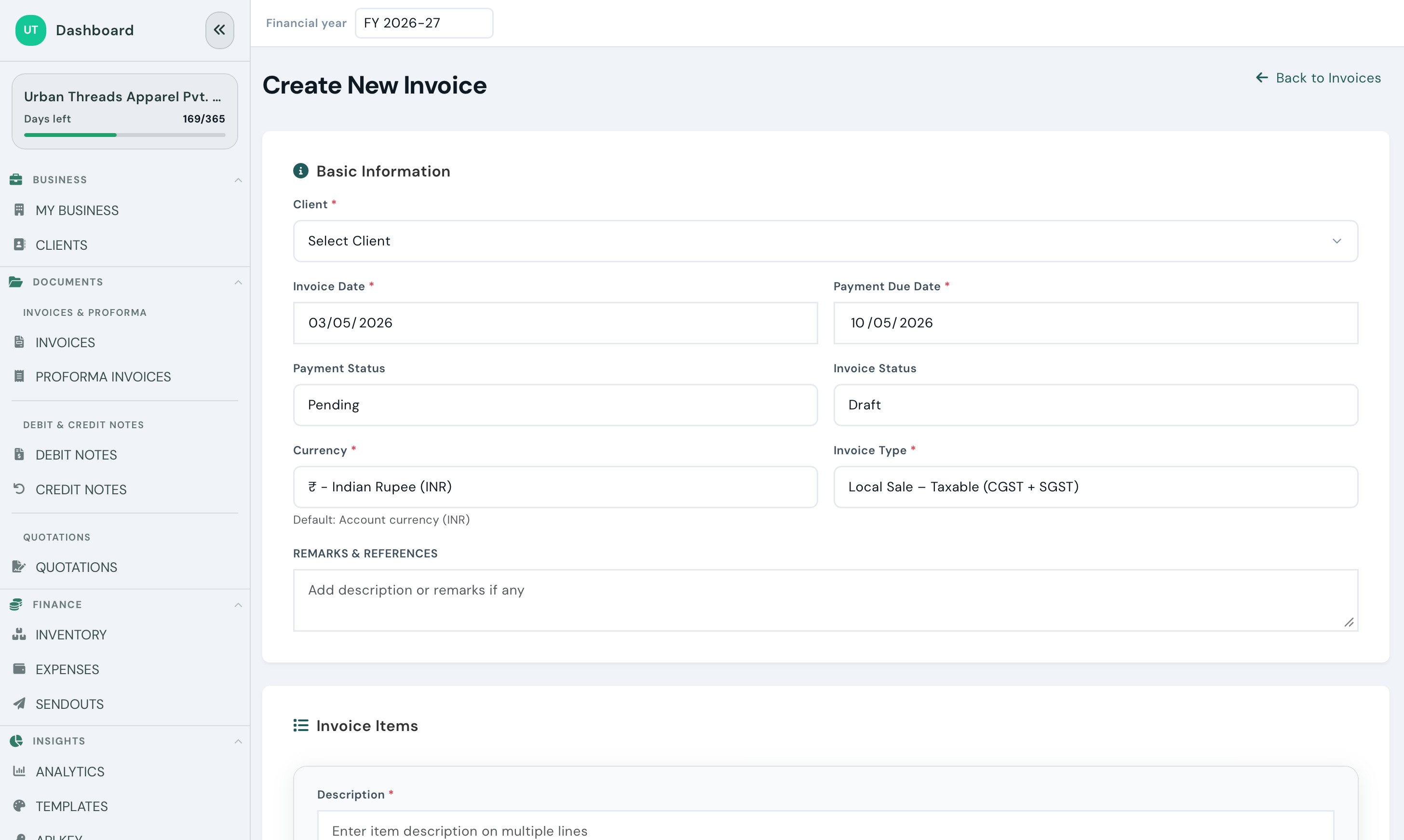 GST invoice creation screen with CGST, SGST, and line items