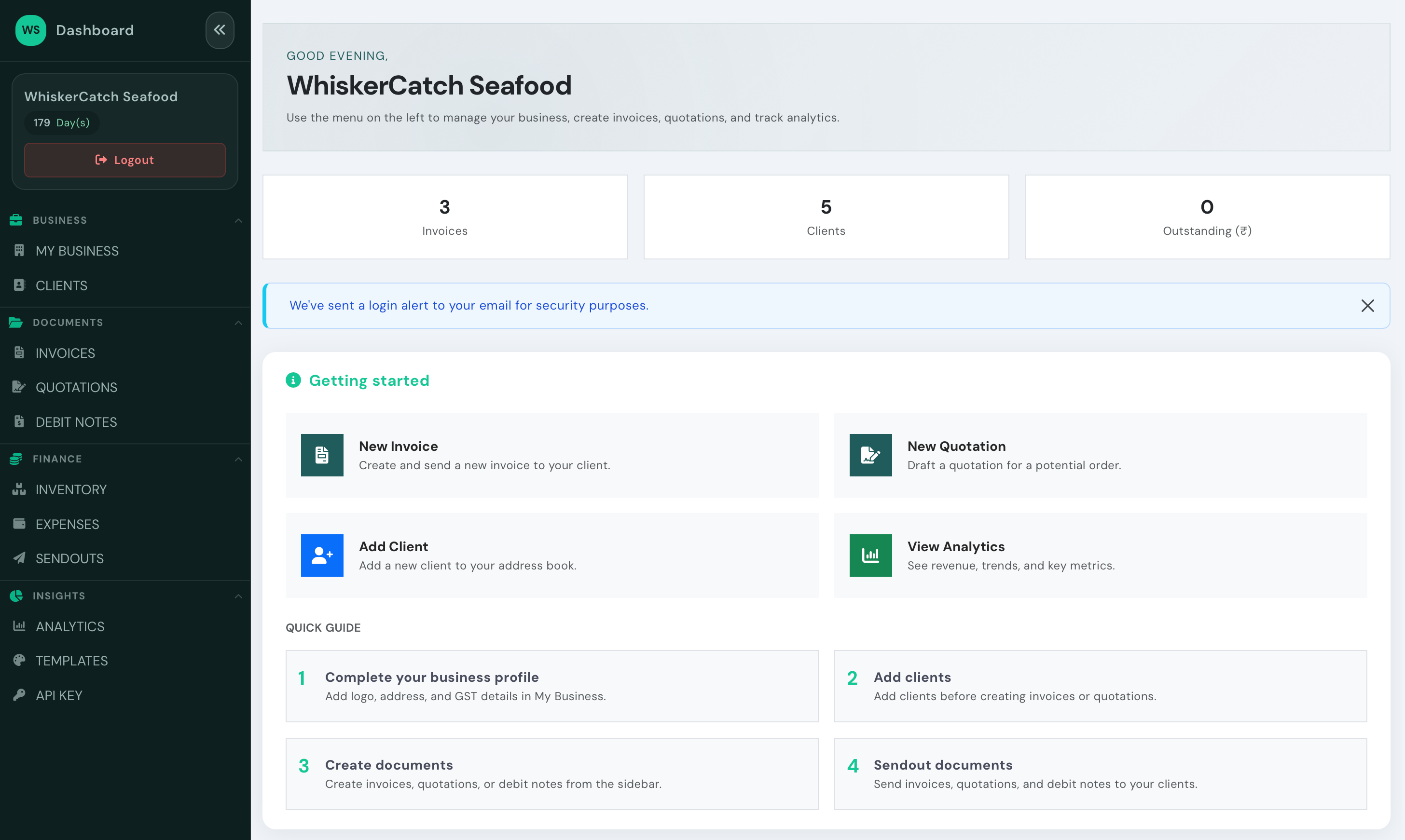 One Stop Invoice dashboard with revenue and invoice overview