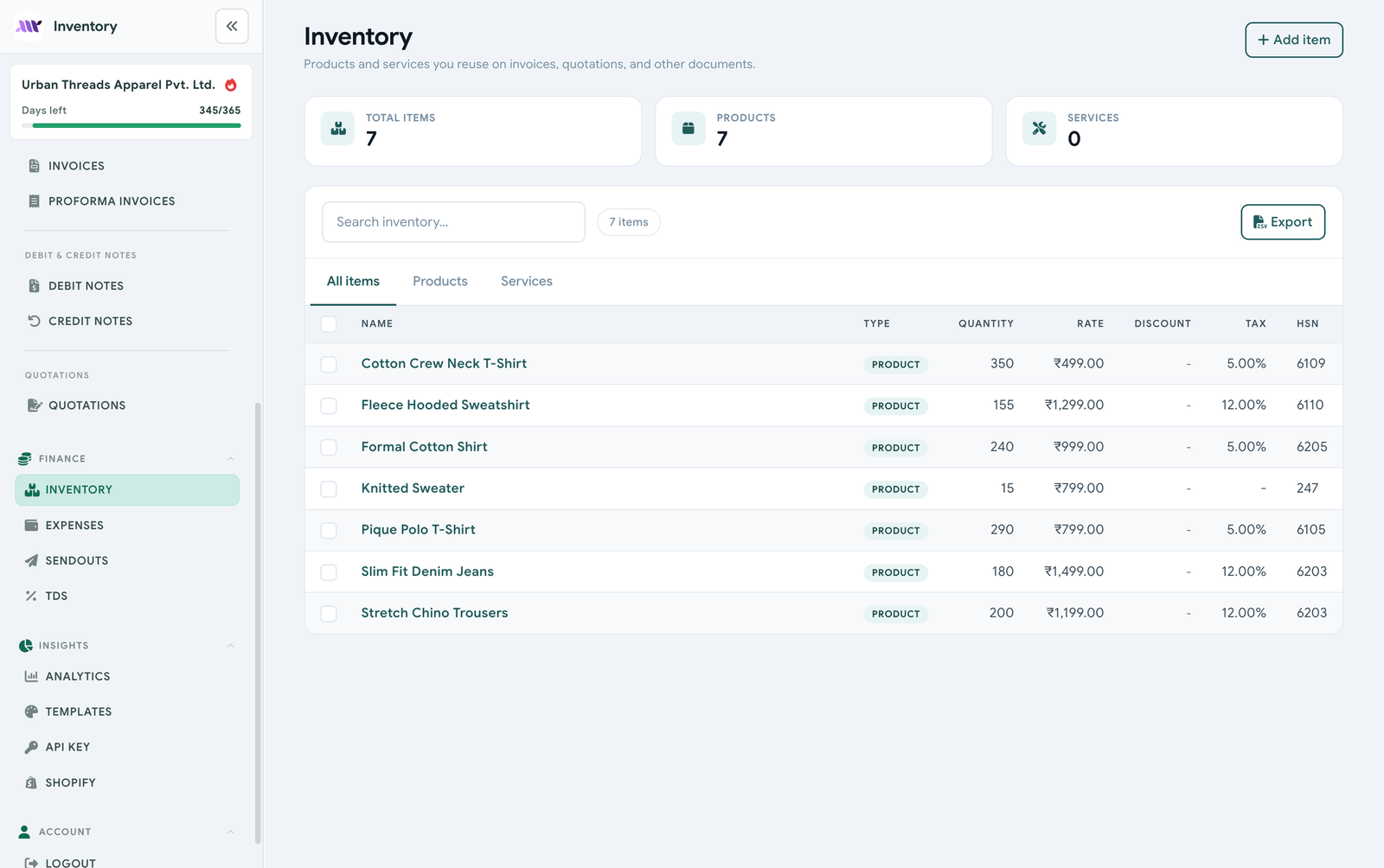Inventory list of products with rates, tax, and HSN codes