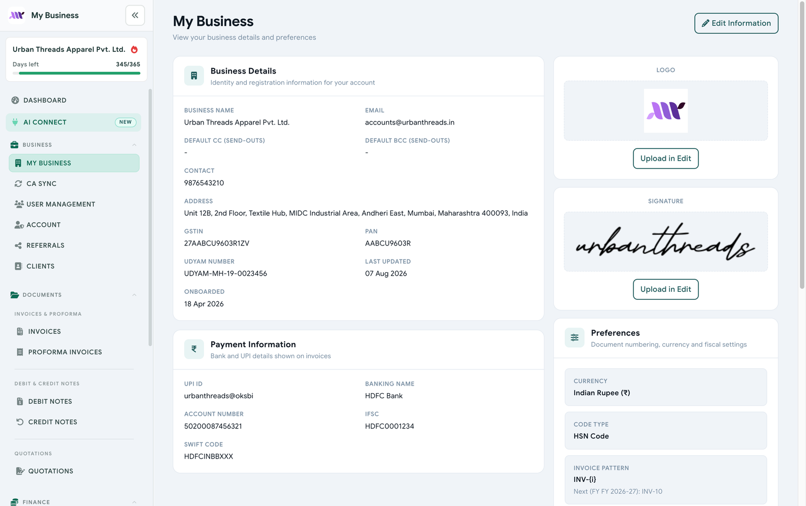 My Business settings with GSTIN, bank details, logo, and preferences