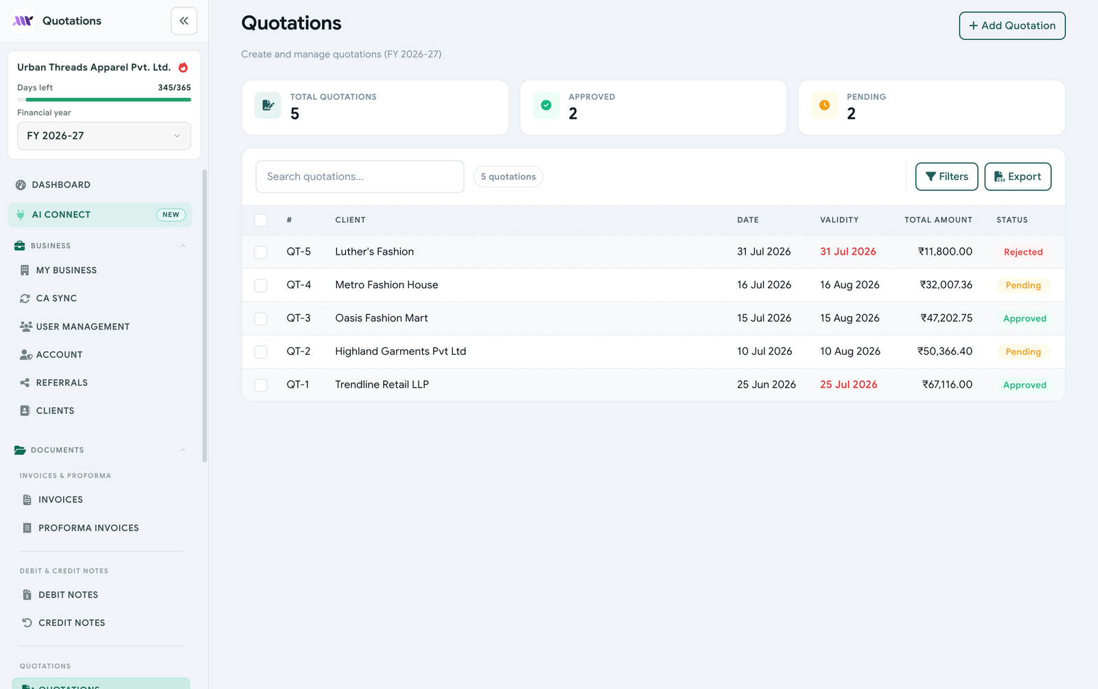 Quotations list with approved, pending, and rejected status