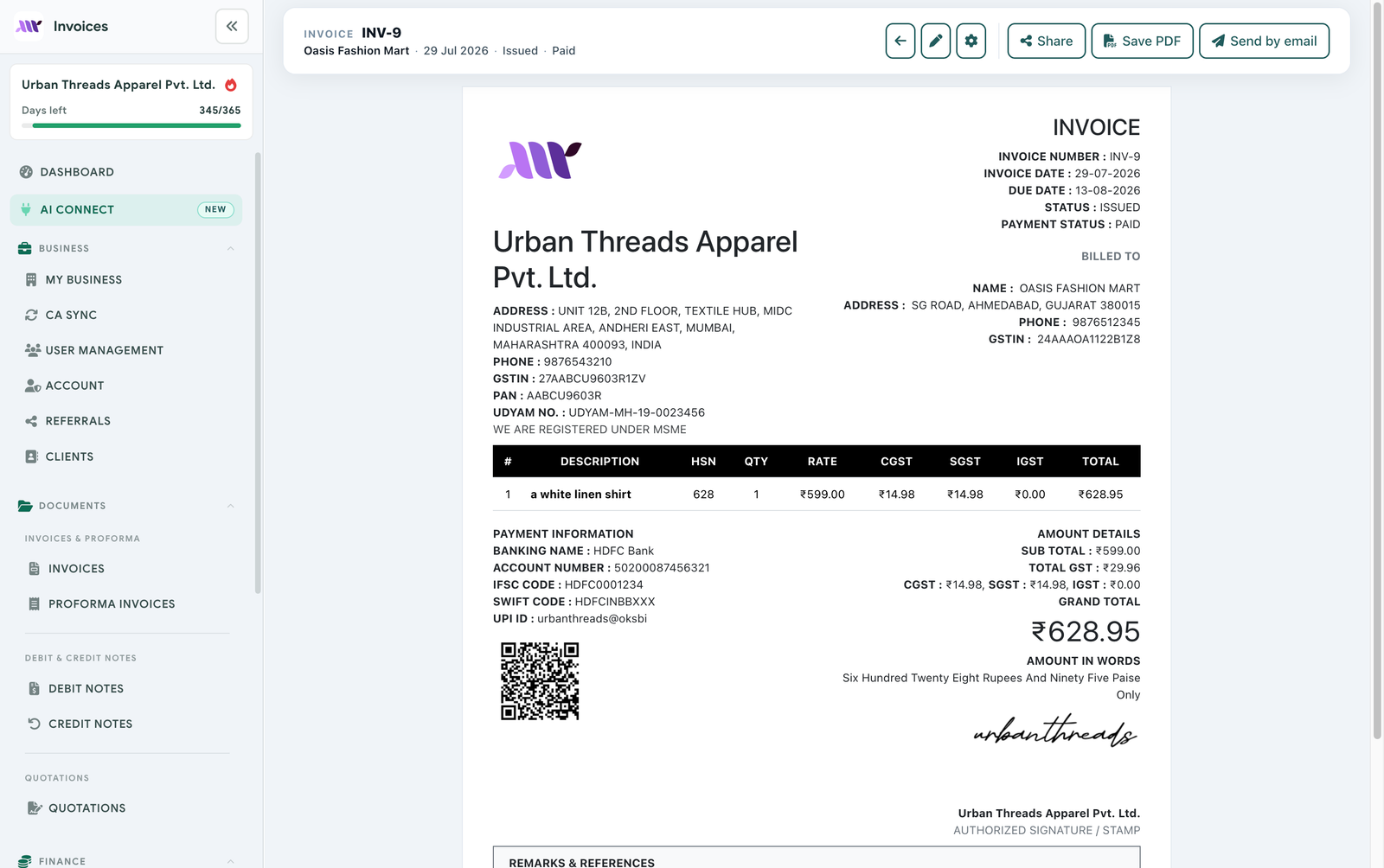 GST invoice PDF preview with share, save, and email actions